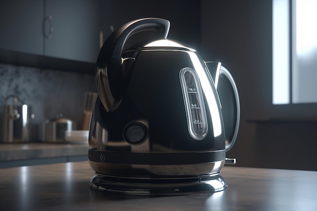 A black kettle sits on a kitchen counter.