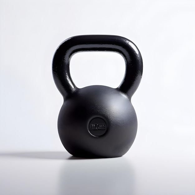 Foto un kettlebell nero si trova su una superficie bianca.