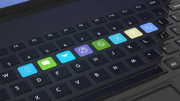 Black keyboard closeup with apps icons shortcuts