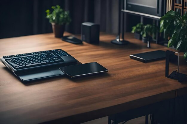 A black keyboard sits on a wooden table in front of a tv
