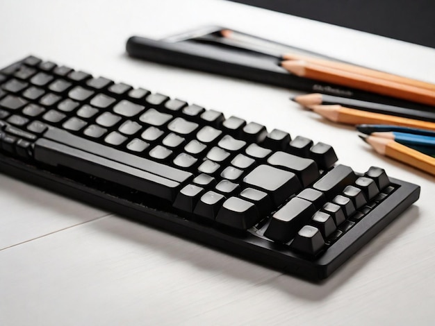 Black keyboard with pencils on a white table