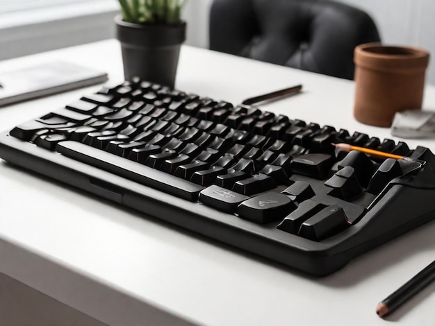 Black keyboard with pencils on a white table