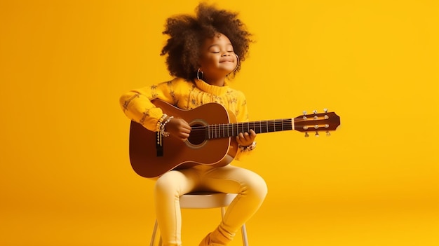 black kid playing guitar with yellow background
