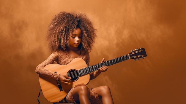 黄色の背景でギターを弾く黒人の子供