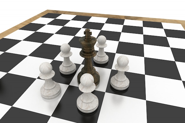 Black king surrounded by white pawns