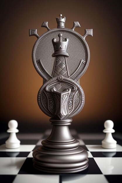 Black king winner surrounded with black gold chess pieces on chess board game competition concept
