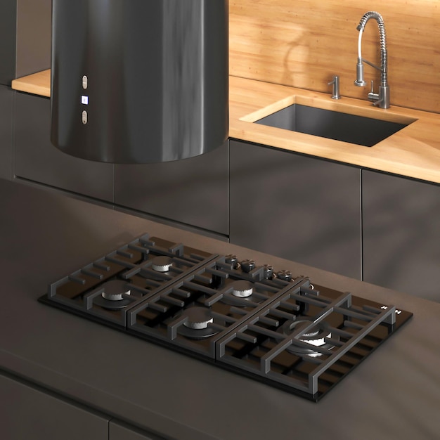 A black kitchen counter with a light fixture hanging over it