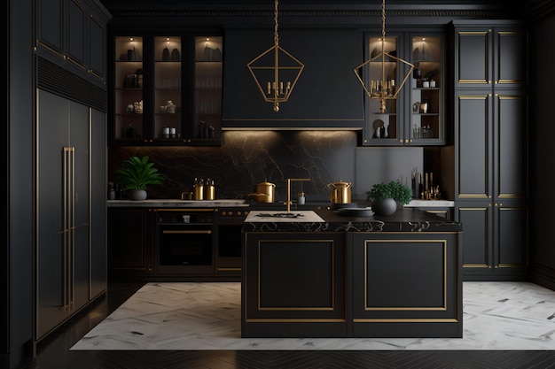 A black kitchen with a black island and gold lights.