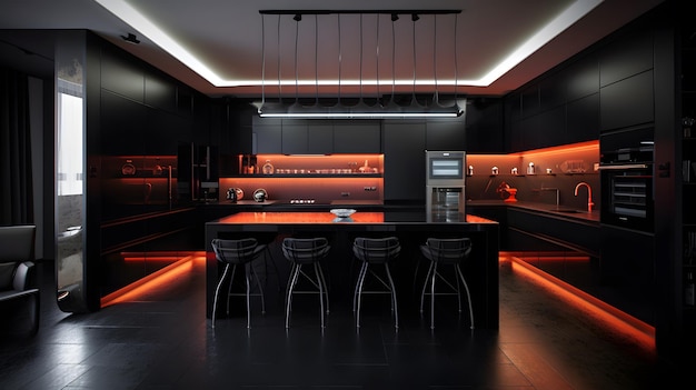 A black kitchen with a black kitchen with a red led strip lighting.