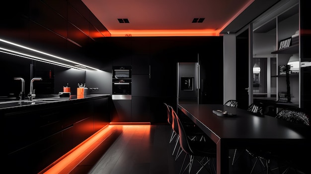 A black kitchen with a black kitchen with red lights.