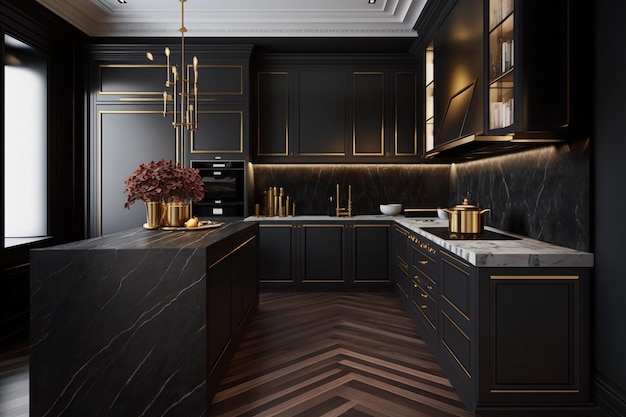 A black kitchen with gold accents