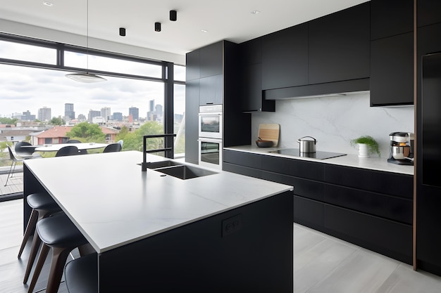 Photo a black kitchen with a view of the city skyline.