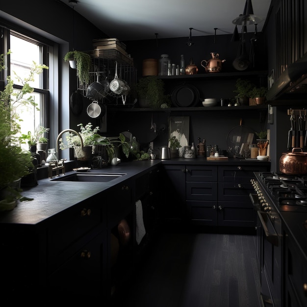 A black kitchen with a window