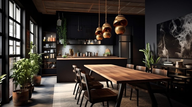 A black kitchen with a wooden table and chairs an