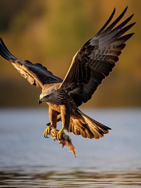 Photo a black kite milvus migrans flying and cathing a fish