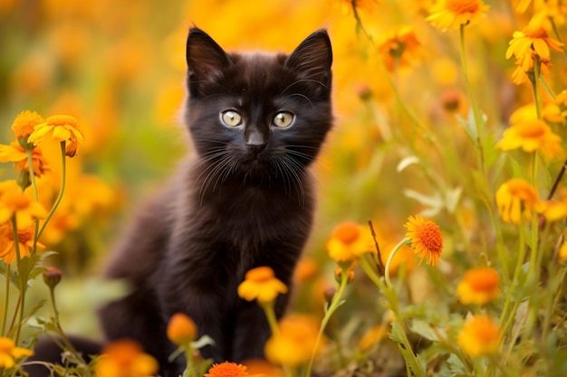 A black kitten is standing in a field of flowers