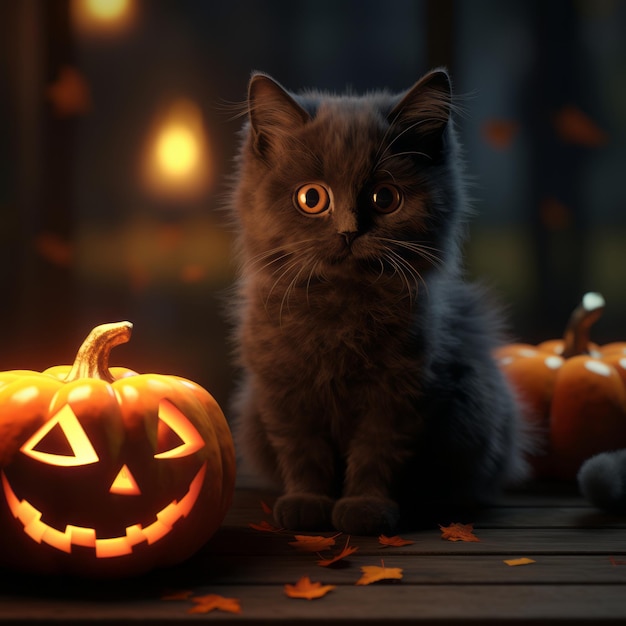 カボチャとハロウィーンの飾りの隣に座っている黒い子猫