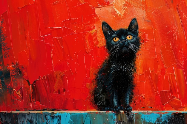 Foto gattino nero su vibrante astratto sfondo rosso stile di pittura ad olio