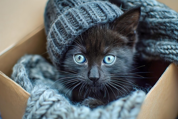 Photo black kitten with blue eyes in knitted blanket