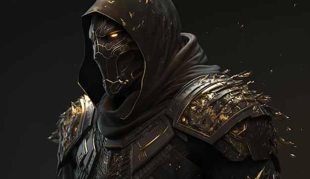 A black knight in carbon armor with golden elements ai generation