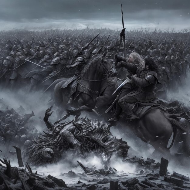 Фото Черный рыцарь в доспехах на черной лошади против горящего неба, наполненного дымом, легендарный храбрый