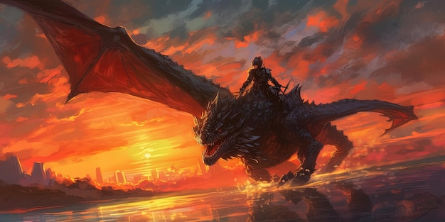 Черный рыцарь на лошади дракона, летящий в закатном небе, иллюстрация в стиле цифрового искусства.