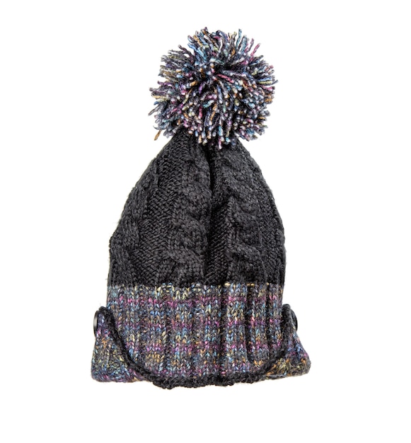 Black knitted hat with pompom isolated on white background, warm and comfortable clothing