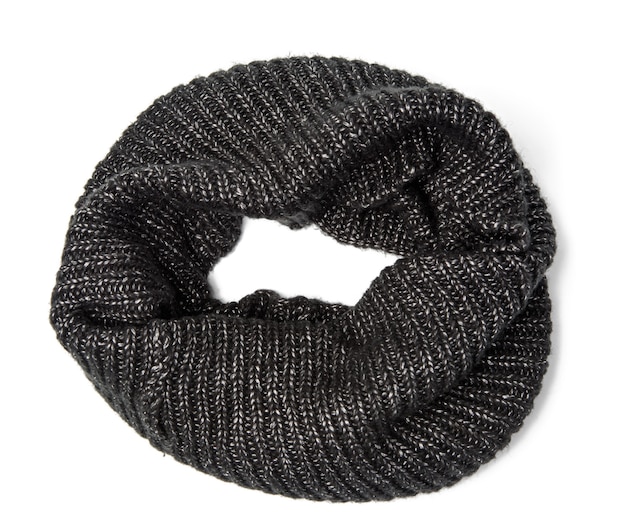 Photo black knitted scarf isolated on white surface, top view