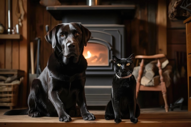 Black Lab Dog en smokingkat ontspannen in gezellige cabine Generatieve AI