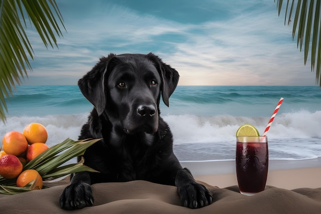 A black lab sits on a beach next to a cocktail and a drink with a straw.