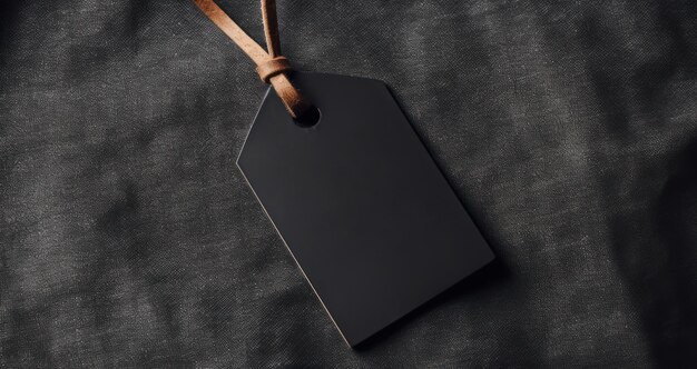 Photo black label tag with leather string on textured cloth black price tag mockup on fabric background