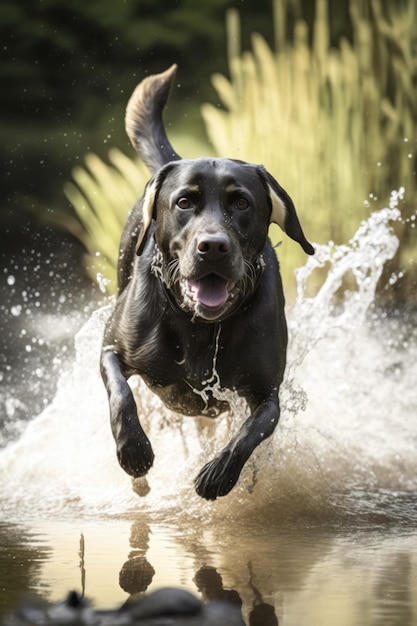 Black labrador dog running in water over grass created using generative ai technology