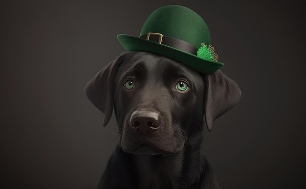 A black labrador dog wearing a green hat and a leprechaun hat with a shamrock on it. ai generated