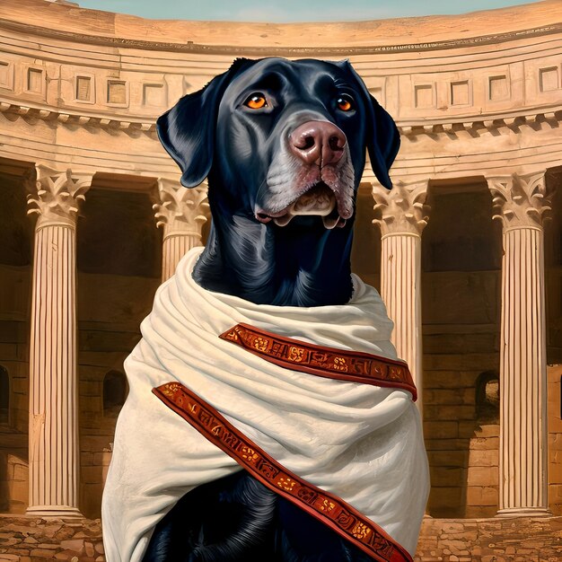 A black Labrador retriever dressed as Caesar in Rome