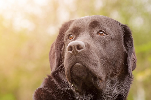 Black labrador retriever on a green background Dog portrait soft focus on the eyes A pet