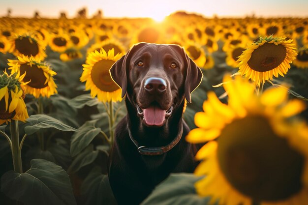 Black Labrador retriever posing in sunny sunflowers field Beautiful dog photo among the summer yellow flowers Generate ai