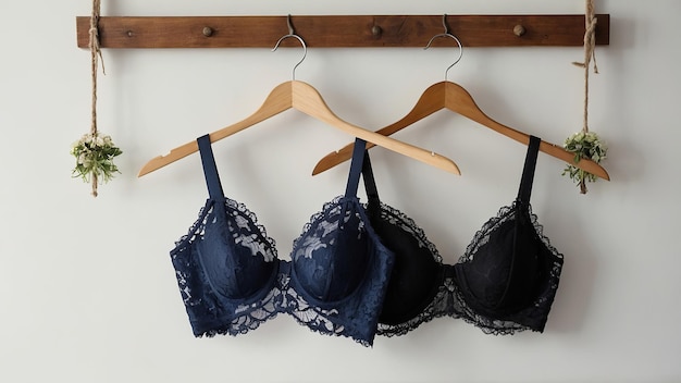 black lace bra hanging on a wooden hanger on a white wall background