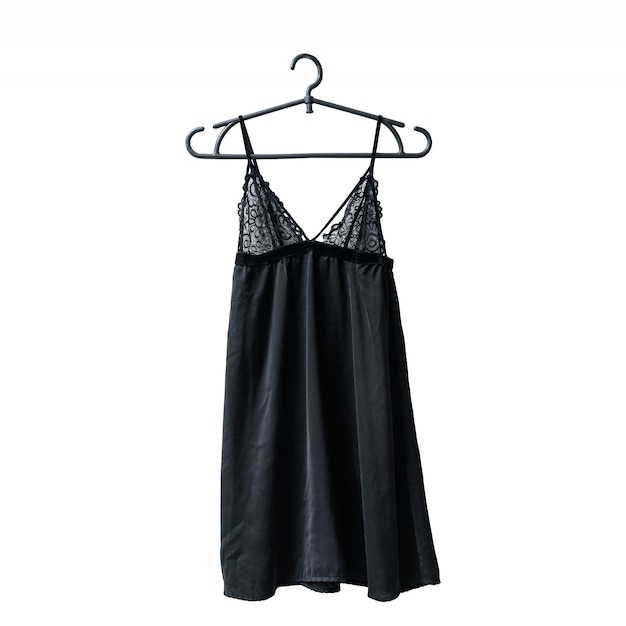 Black lace nightie on the hanger. White . Isolate