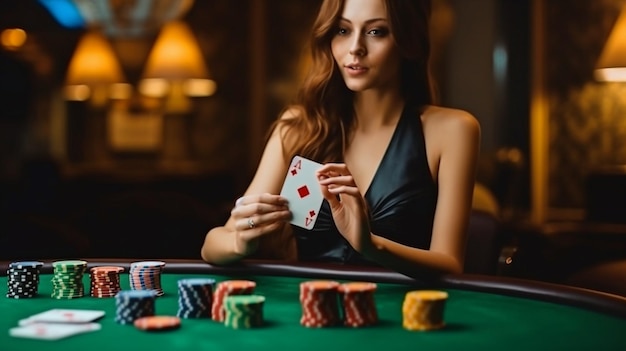 Black lady plays poker in a casino counts chips for cash and increases bets Generative AI