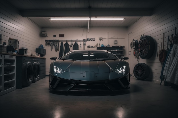 A black lamborghini in a garage with the word lamborghini on the front.