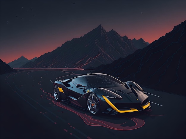 A black lamborghini is on a road with mountains in the background.