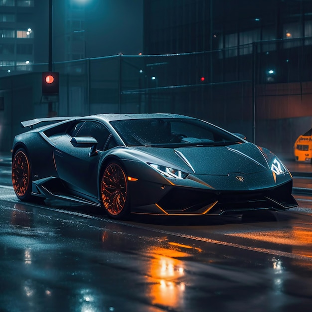 Черный Lamborghini посреди ночи на шоссе