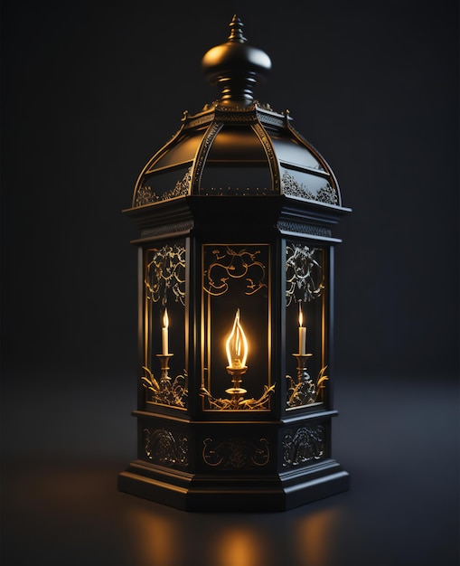 A black lantern with a candle on it