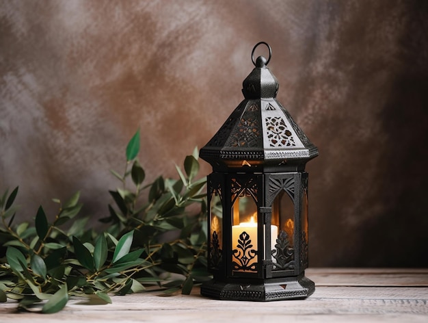 A black lantern with a green leaf on it sits on a wooden table.