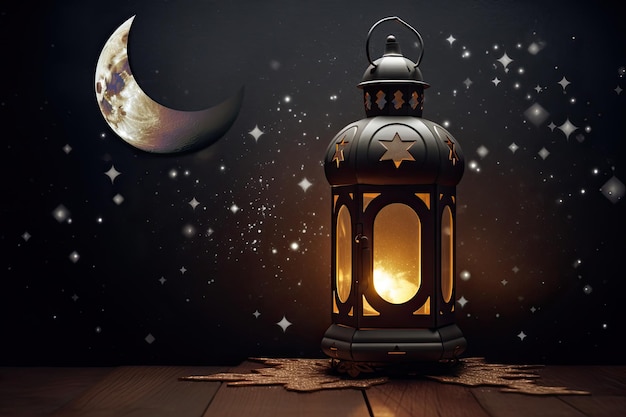 A black lantern with a moon and stars on the background