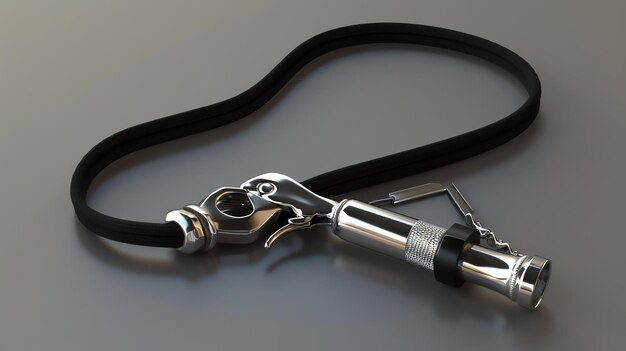 Photo black lanyard with a silver metal whistle attached to it the whistle has a textured grip and a dring for attaching to the lanyard