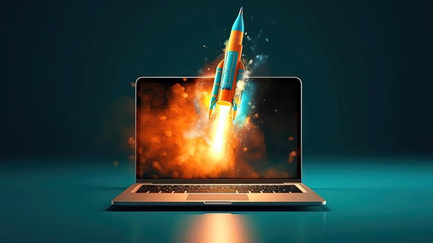 a black laptop with a blue rocket that has sky above it in the style of speed and motion