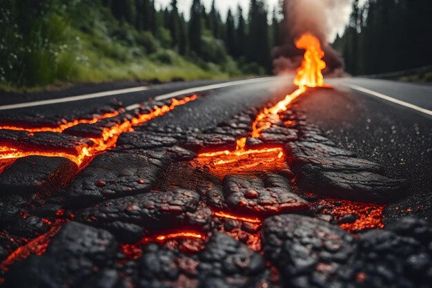 Foto un flusso di lava nera con una croce in cima.