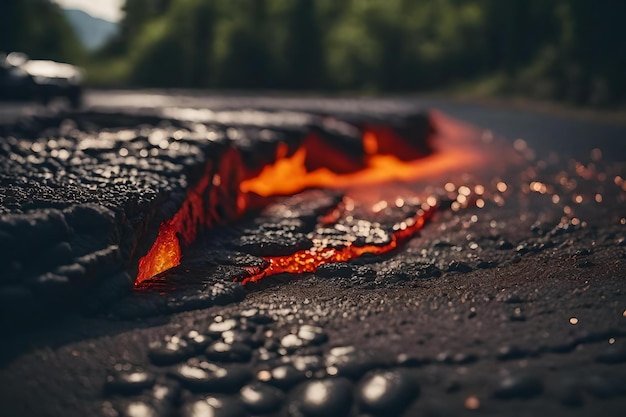 Foto una strada di lava nera con uno sfondo verde