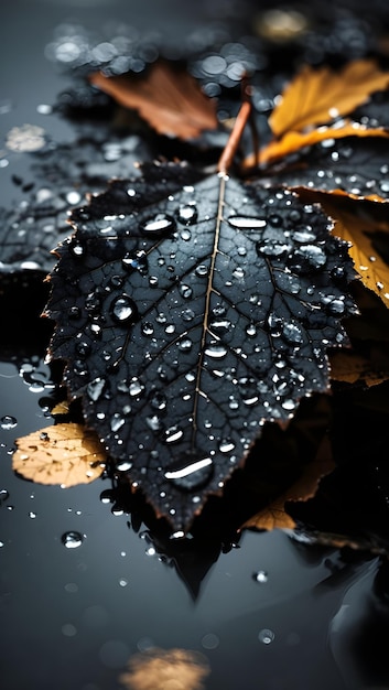 雨滴の背景に黒い葉